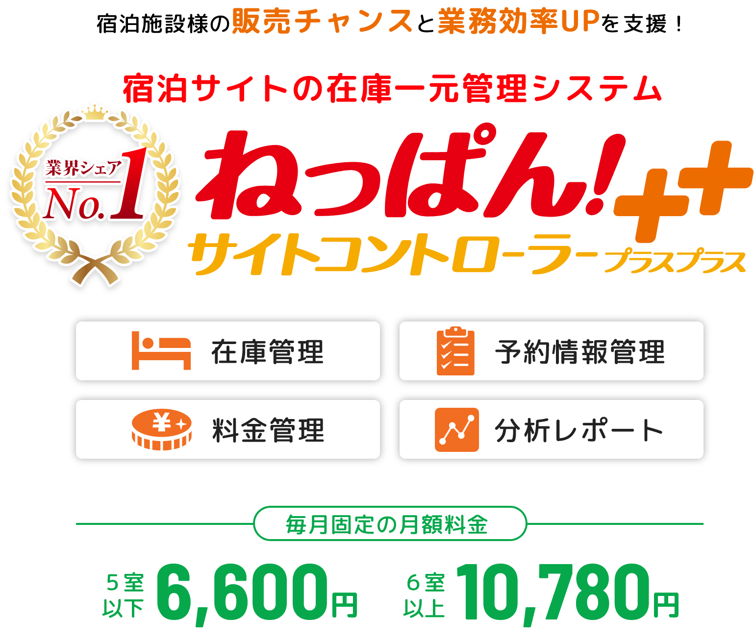 宿泊施設様の販売チャンスと業務効率UPを支援！　宿泊サイトの在庫一元管理システム　ねっぱん！　サイトコントローラー＋＋　在庫管理・予約情報管理・料金関連・分析レポート　毎月固定の月額料金　6室以下6,600円　6室以上10,780円